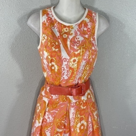 Kay Unger orange pink white paisley print belted sleeveless flare dress T28 - Picture 2 of 13